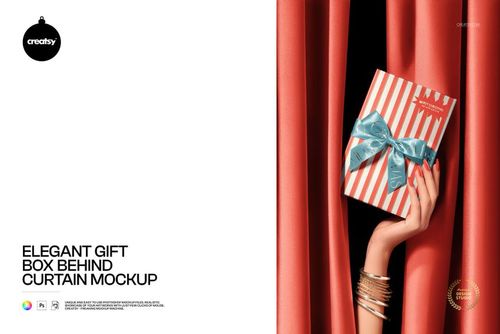 Elegant Gift Box Behind Curtain Mockup - mockup preview 1