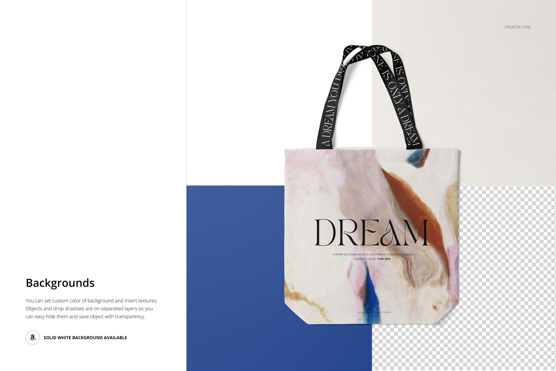Shopper canvas bag mockup featuring a marble-inspired design and black straps, set against white and blue blocks.