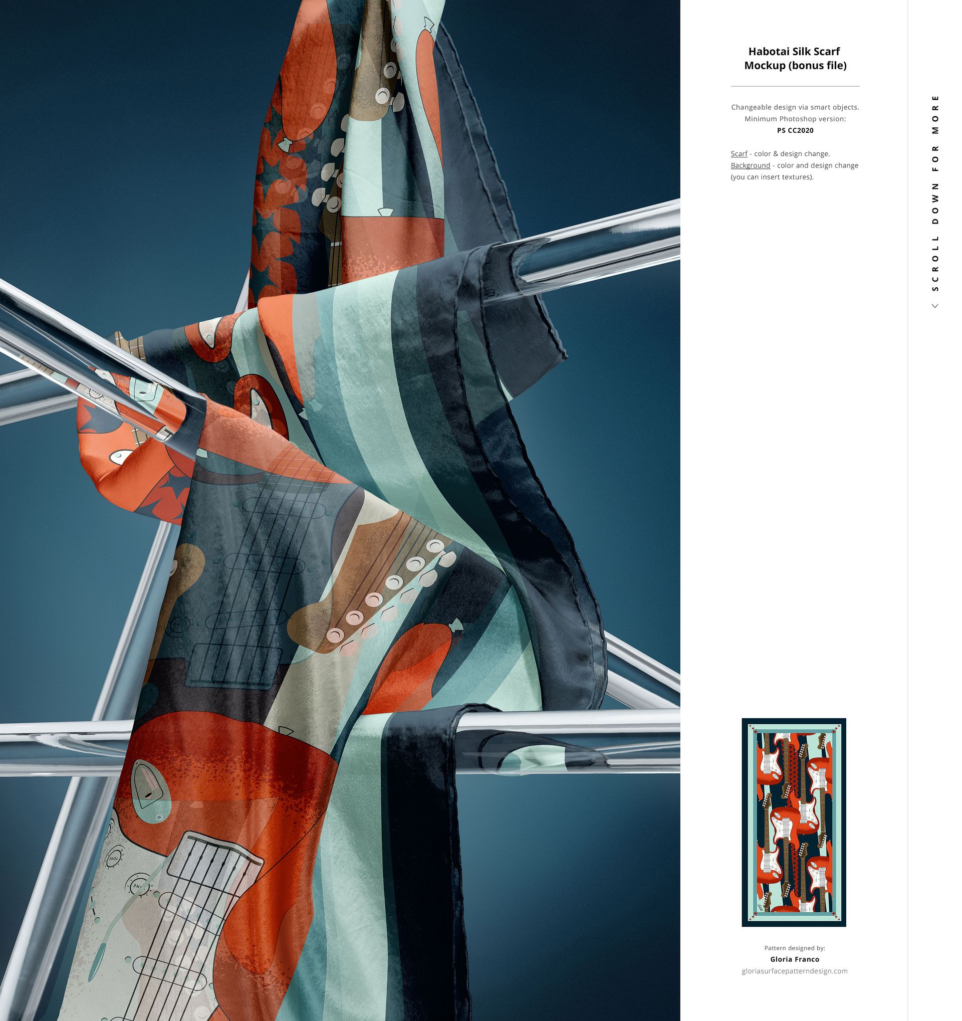 Abstract patterned silk scarf mockup featuring bold orange, teal, and black hues, displayed on metal rods, front angle.