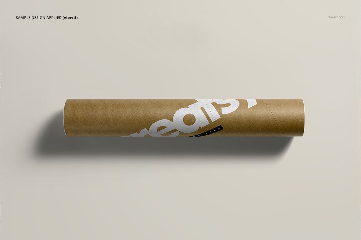 Mailing tube mockup displayed horizontally, featuring a white graphic on kraft paper and neutral backdrop.