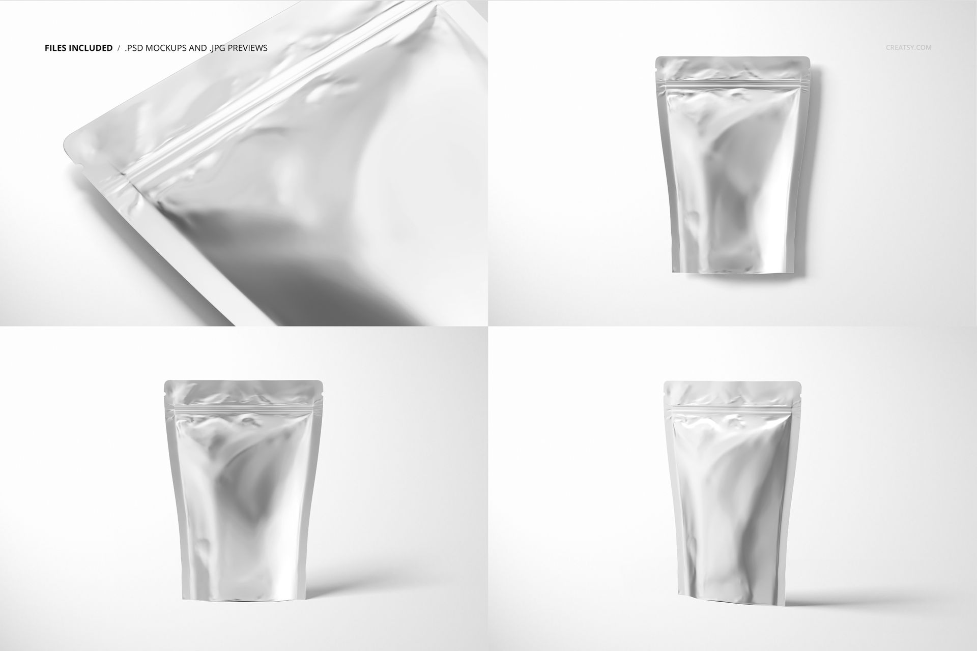 Four views of a metallic stand up zip lock pouch mockup, featuring shiny silver material and minimalistic setting.