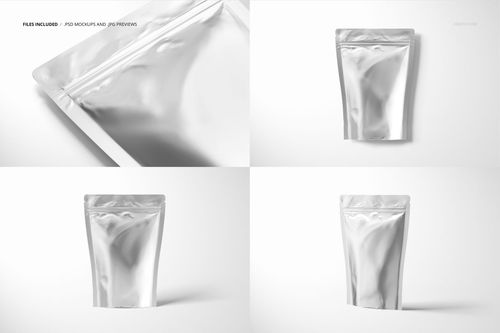 Four views of a metallic stand up zip lock pouch mockup, featuring shiny silver material and minimalistic setting.