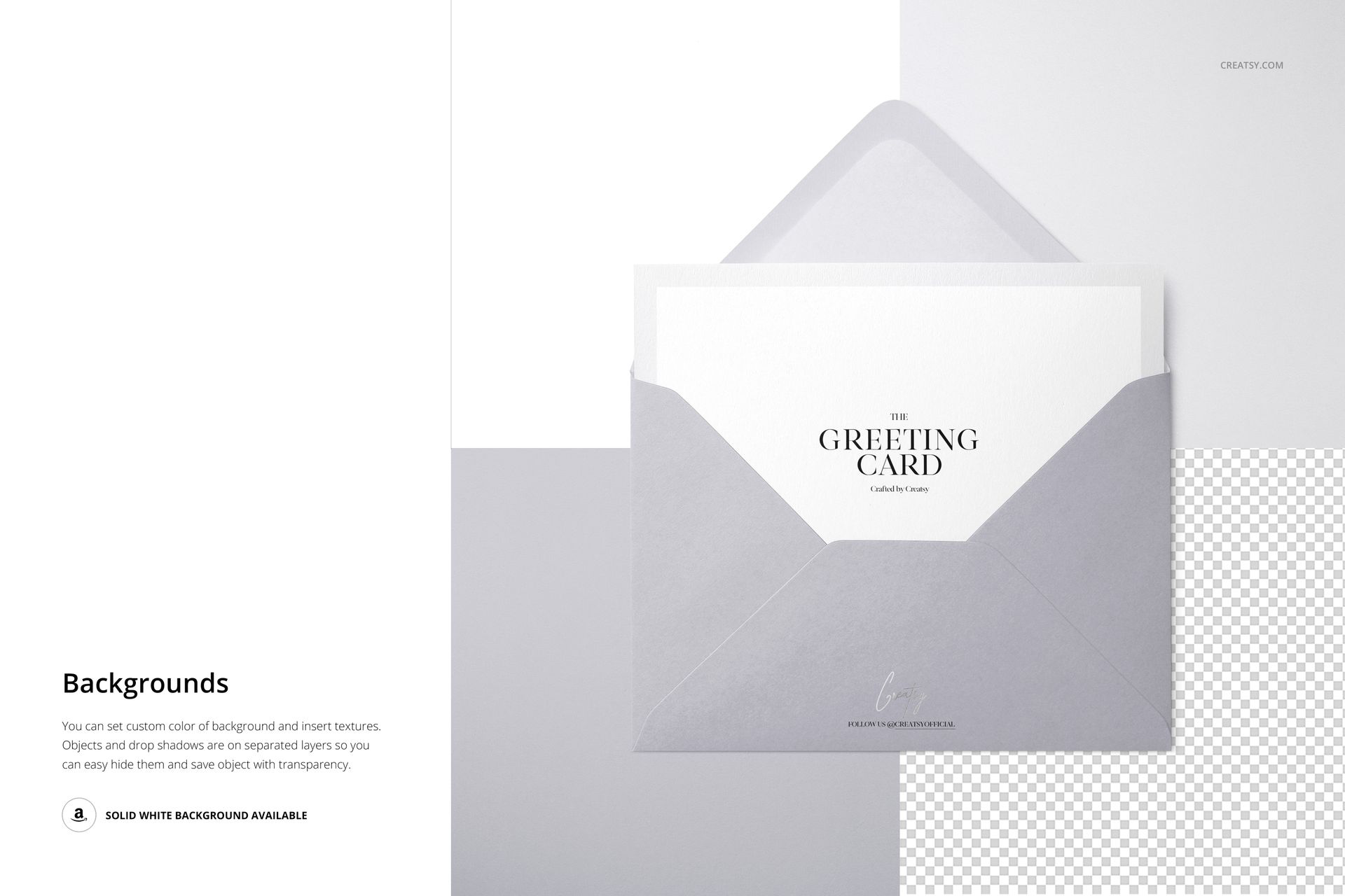 C6 envelope and greeting card mockup with gray and white colors, shown from a top view on a minimal background.