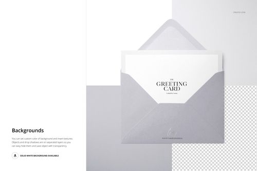 C6 envelope and greeting card mockup with gray and white colors, shown from a top view on a minimal background.