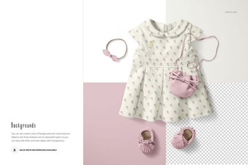 Peter Pan collar baby dress mockup with a delicate pattern, pink accessories, and a two-tone background layout.