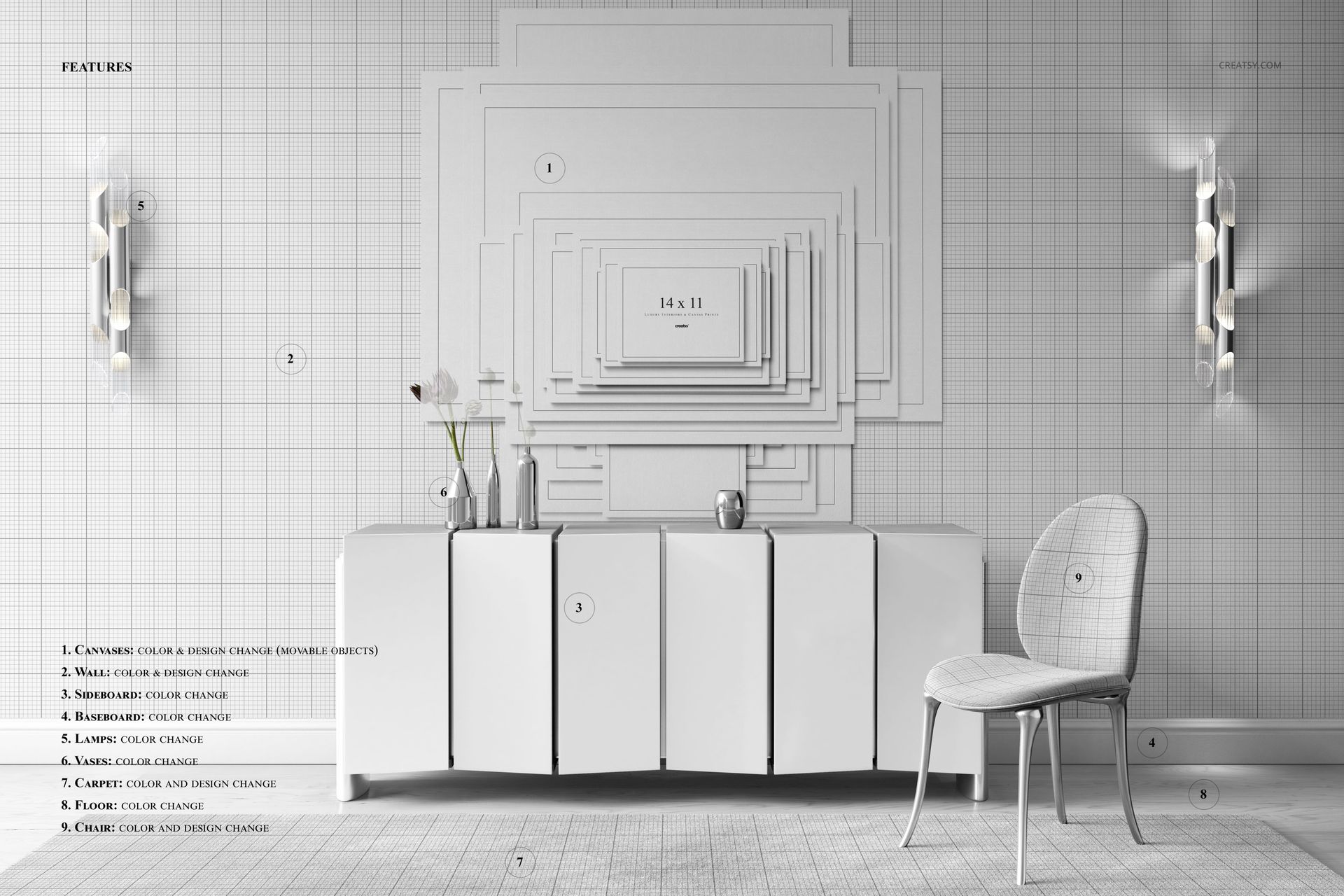 Front view of a modern sideboard and chair in a minimalist room with a grid-patterned wall and canvas print mockup.