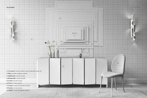 Front view of a modern sideboard and chair in a minimalist room with a grid-patterned wall and canvas print mockup.