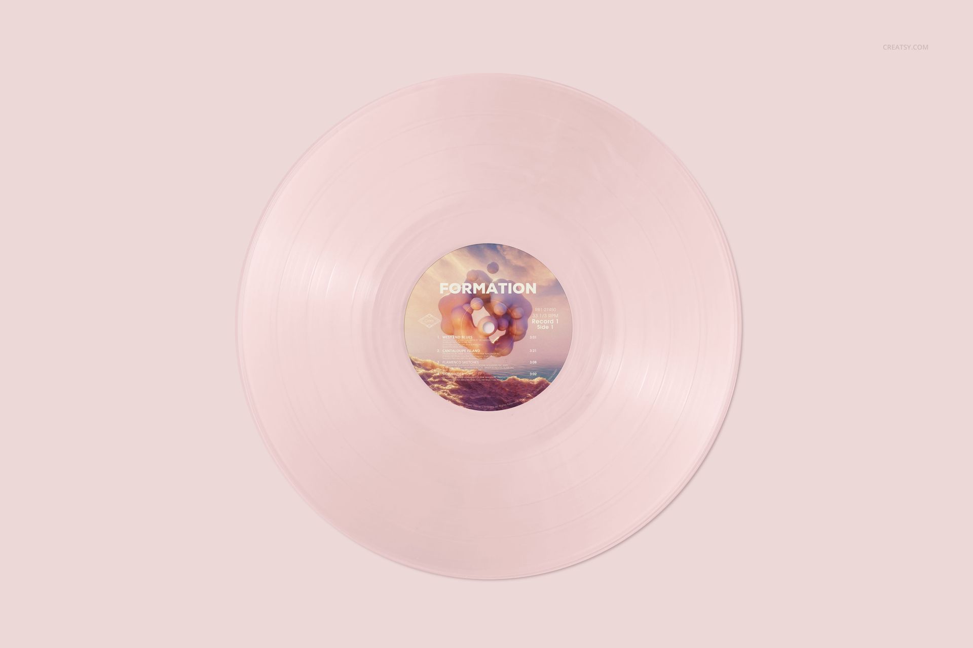 Colored vinyl record mockup showing a circular pink disc with a scenic label design, isolated on a light backdrop.