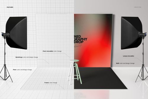 Split scene showing a framed photography backdrop mockup with studio lights, stool, and customizable wall and floor.
