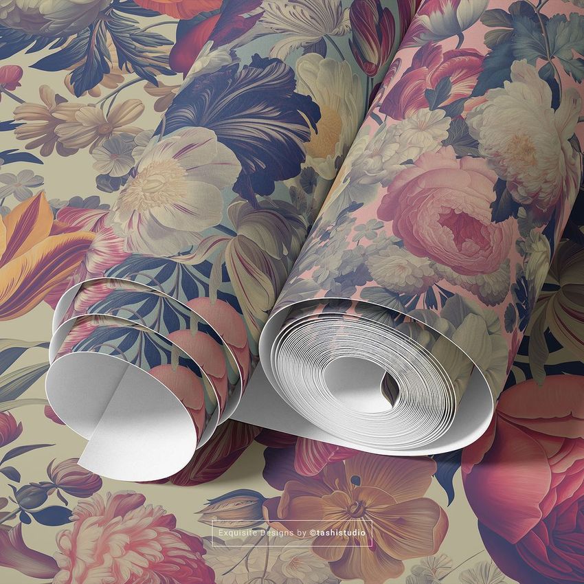Paper wallpaper mockup featuring three rolled sheets with vibrant floral patterns on a matching flower-themed background.