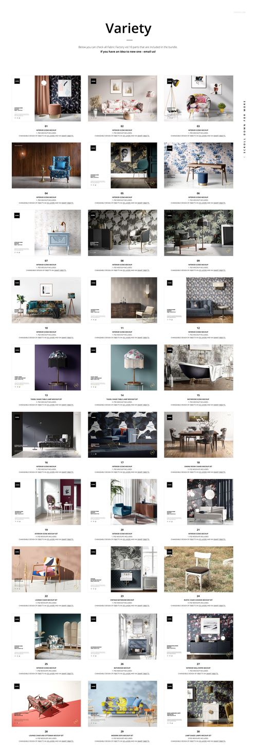 Collection of fabric mockups displayed in various home settings, featuring pillows, blankets, and upholstery in different colors.