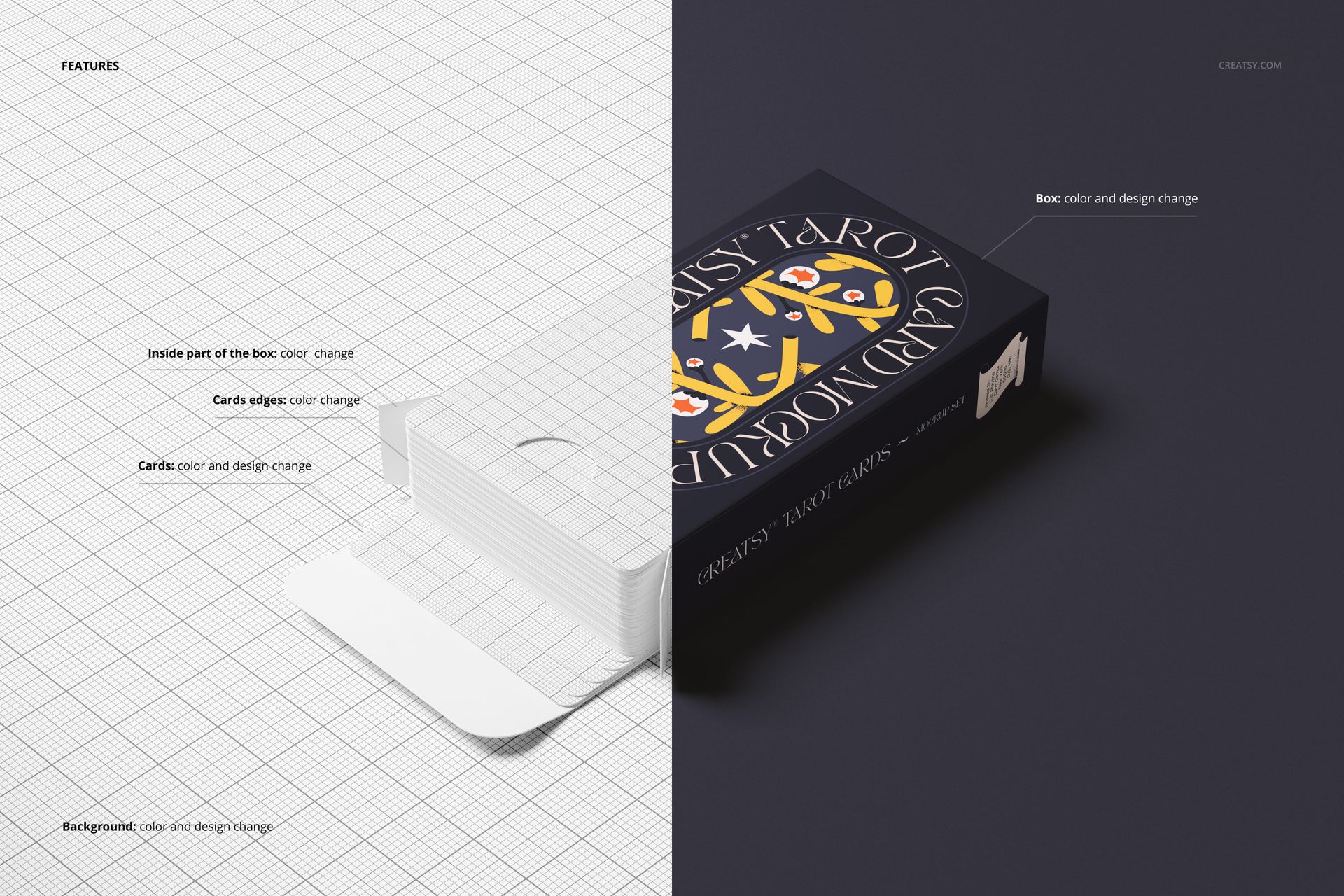 Front view of a tarot cards mockup set showing an open card box and stacked cards on a grid background, split with a dark box side.