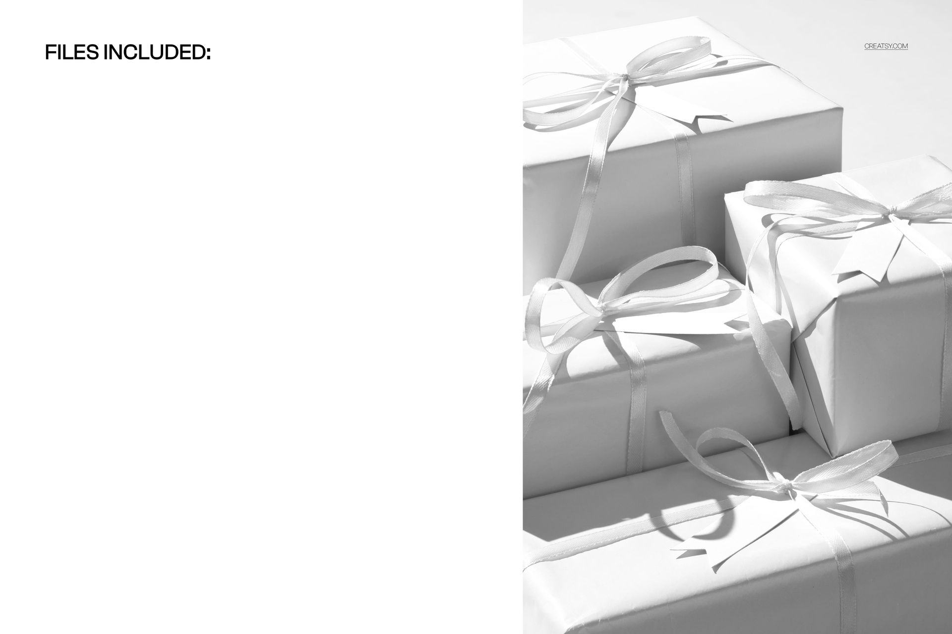 PSD mockup featuring several white-wrapped gift boxes tied with ribbons, presented in soft natural lighting.