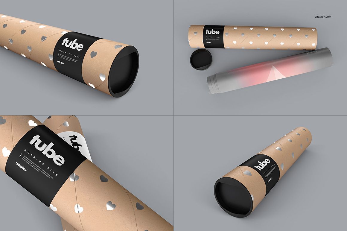 Paper tube packaging mockup with brown kraft texture, silver heart pattern, and black label, shown from multiple angles.