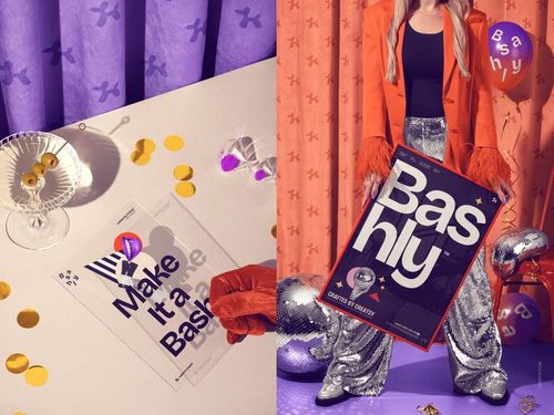 Party-themed mockup scene featuring a clear invitation card on a decorated table and a person holding a large Bashly poster.