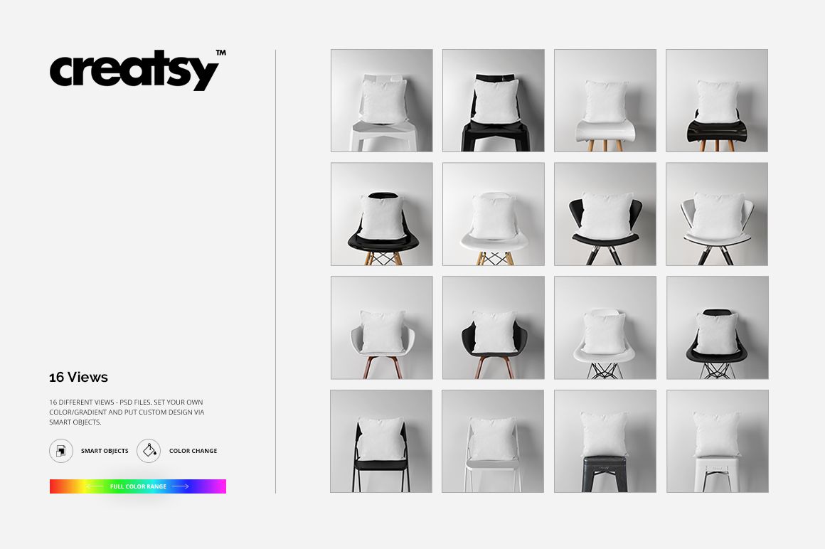 PSD mockup featuring sixteen white throw pillows on assorted chairs, organized in a grid with simple, neutral wall backgrounds.