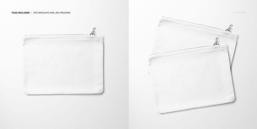 Flat canvas pouch mockup in white, shown from a top view with zipper detail on a plain light background.