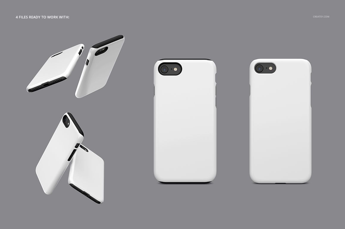 iPhone 7 case mockup set showing tough and snap cases in plain white, displayed from multiple angles on a gray background.