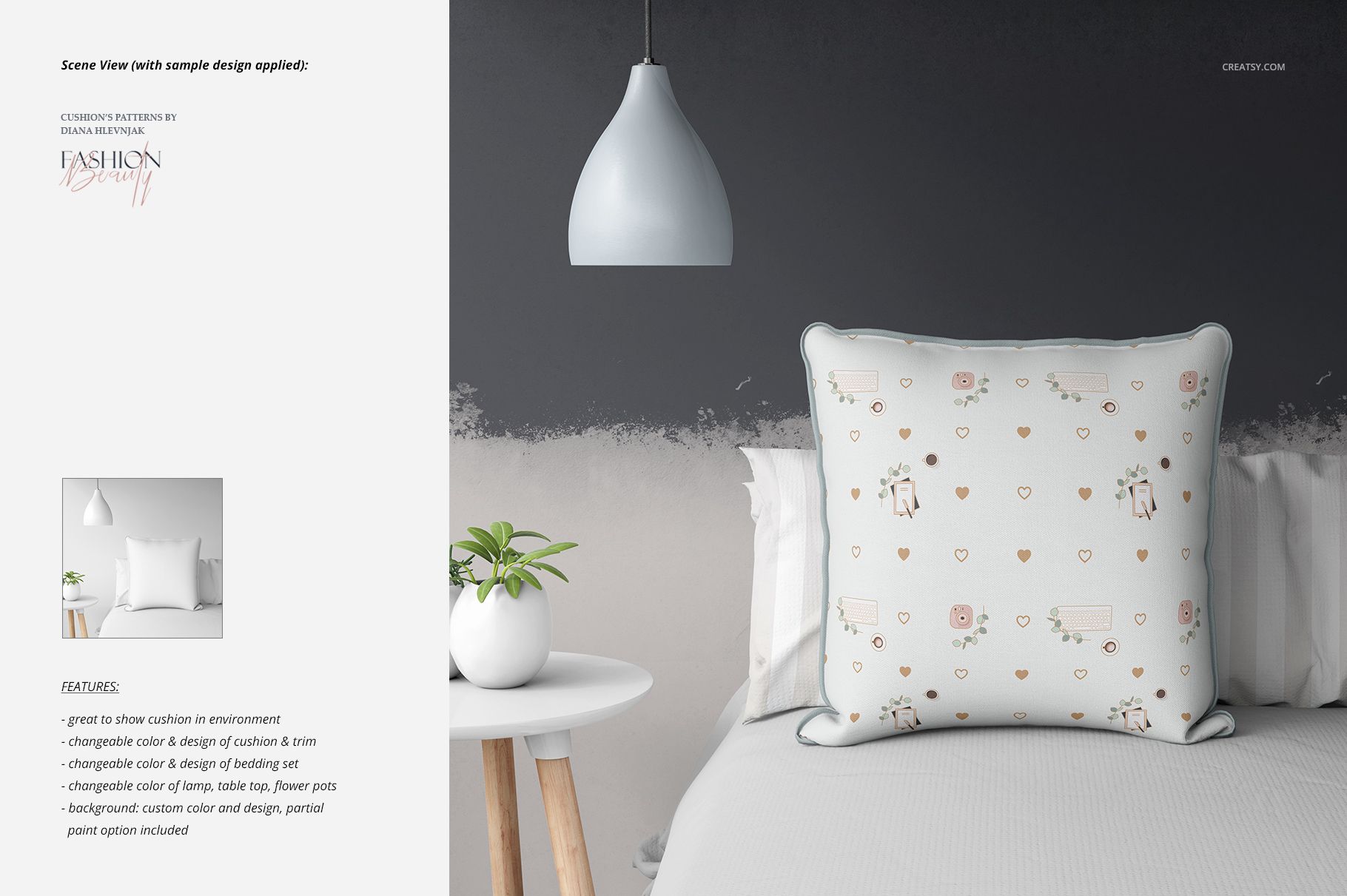 Mockup of a piping cushion featuring a light background and delicate motifs, placed on a neatly made bed.