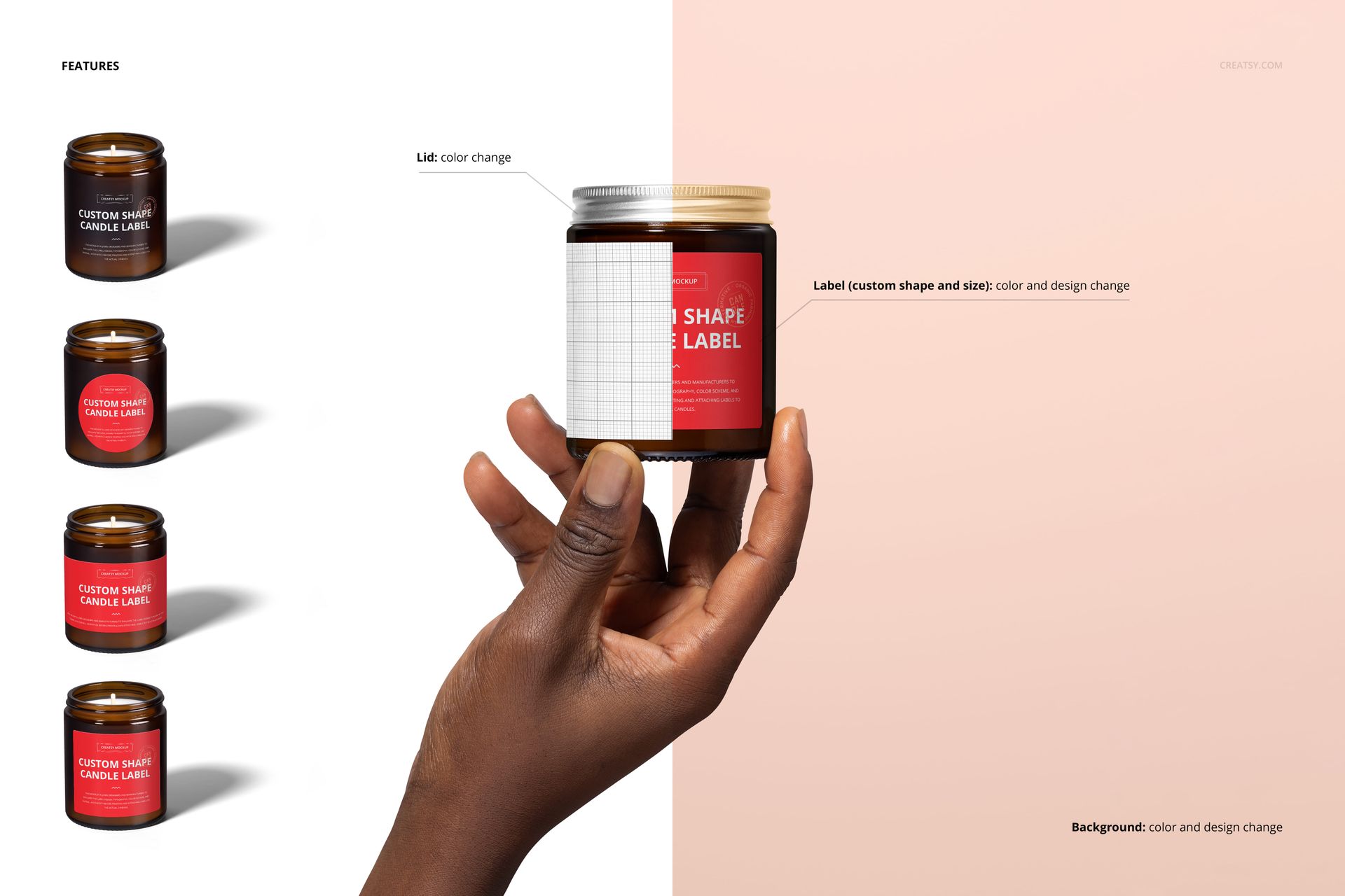 PSD mockup of amber jar candles with cotton wicks, highlighting label customization options on a light gradient background.