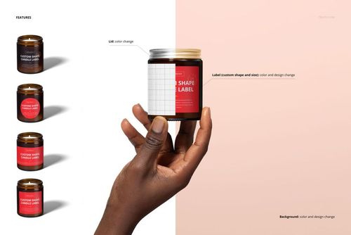 PSD mockup of amber jar candles with cotton wicks, highlighting label customization options on a light gradient background.