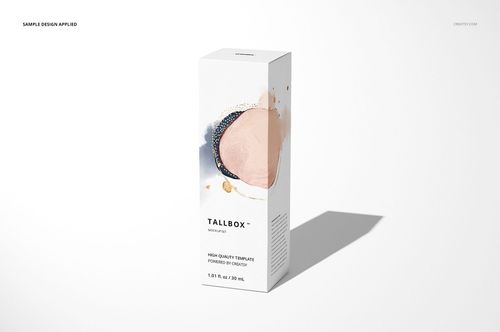 Front-facing tall box mockup with minimal abstract artwork, casting a shadow on a clean white surface.