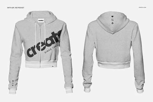 Gray melange crop hoodie mockup shown from the front and back, with zipper and graphic print on the chest.