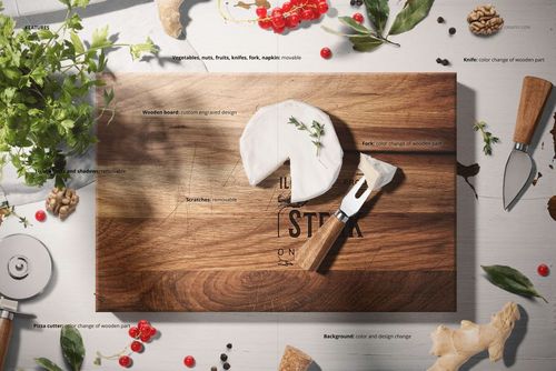 Wooden cutting board mockup with cheese and herbs on top, viewed from above in a bright kitchen scene.