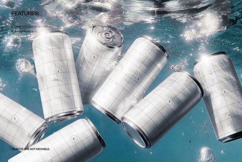 PSD mockup of multiple cylindrical soda cans with blank grid designs submerged in clear water, front angle view.
