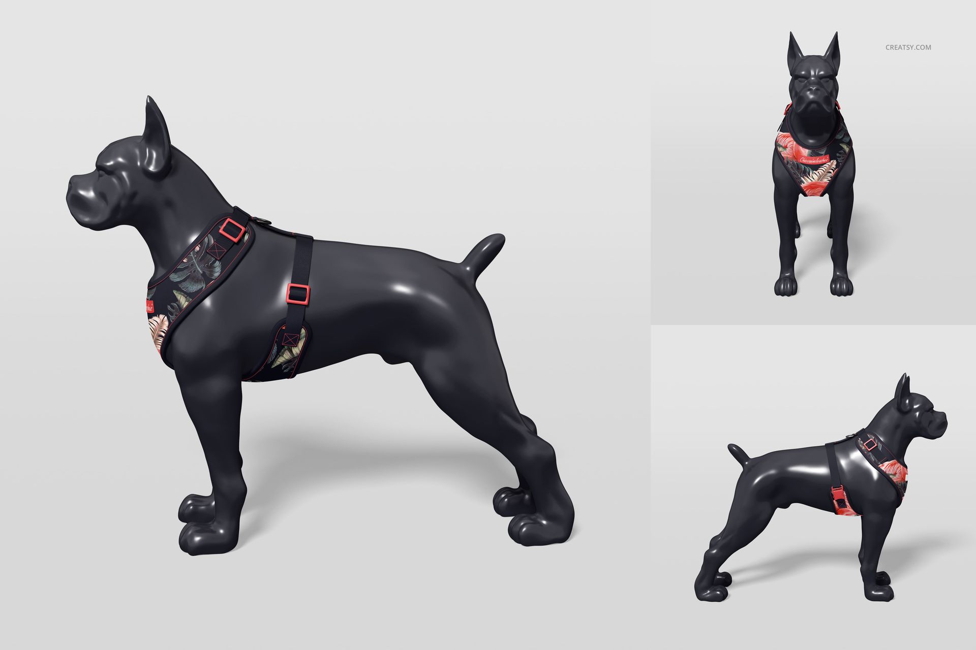 Dog harness mockup displayed on a black mannequin, featuring floral patterns and red hardware from multiple angles.