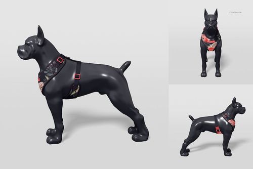Dog harness mockup displayed on a black mannequin, featuring floral patterns and red hardware from multiple angles.