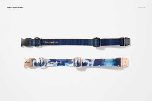 Dog collar mockup showing two collars, one featuring a dark blue checkered pattern and the other a blue watercolor style.