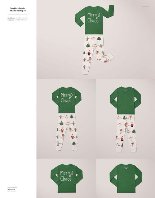 Toddler pajama mockup set featuring green long-sleeve tops with 'Merry Chaos' text and white pants with festive holiday patterns.