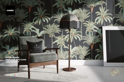Front view of a modern armchair and floor lamp in a room with tropical palm wallpaper, shown as a PSD mockup.