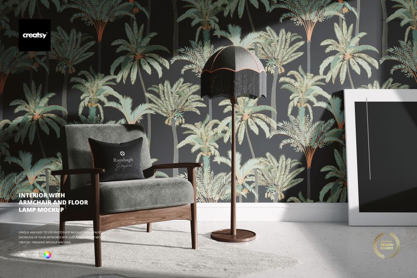 Front view of a modern armchair and floor lamp in a room with tropical palm wallpaper, shown as a PSD mockup.