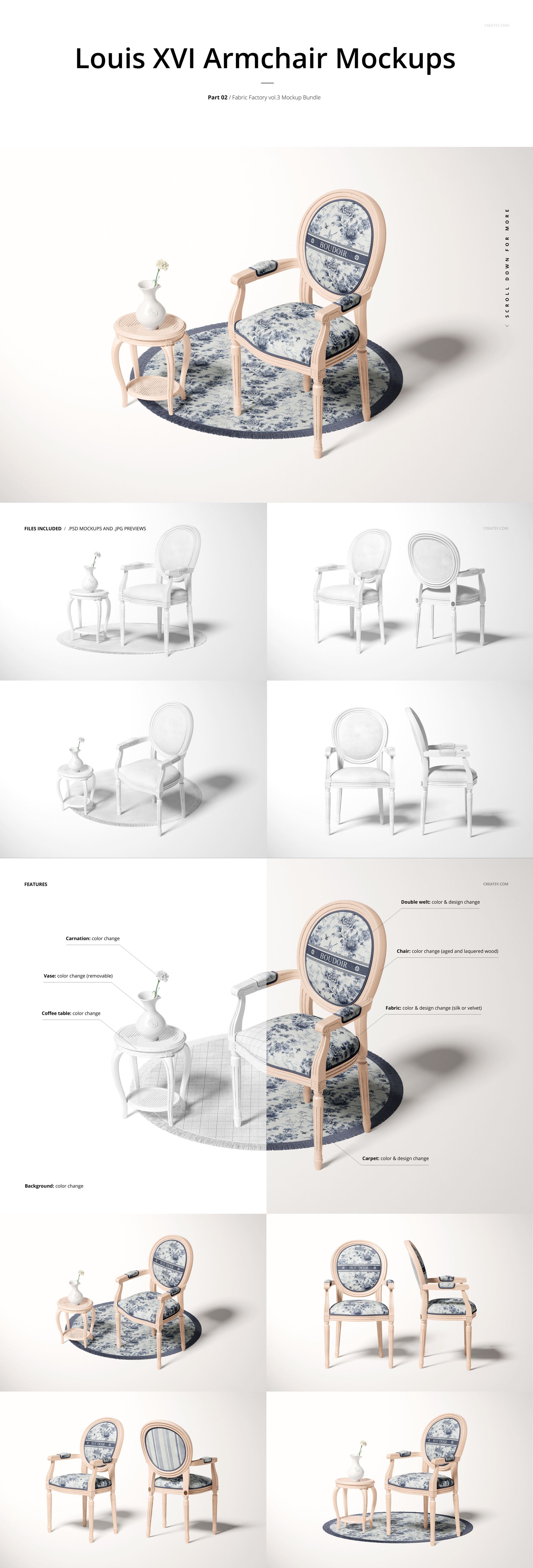 Louis XVI armchair and side table mockup displayed on a round rug, featuring blue and white upholstery patterns.