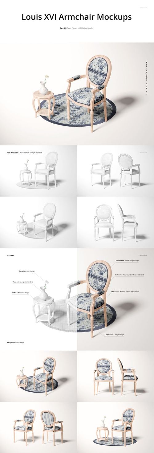 Louis XVI armchair and side table mockup displayed on a round rug, featuring blue and white upholstery patterns.