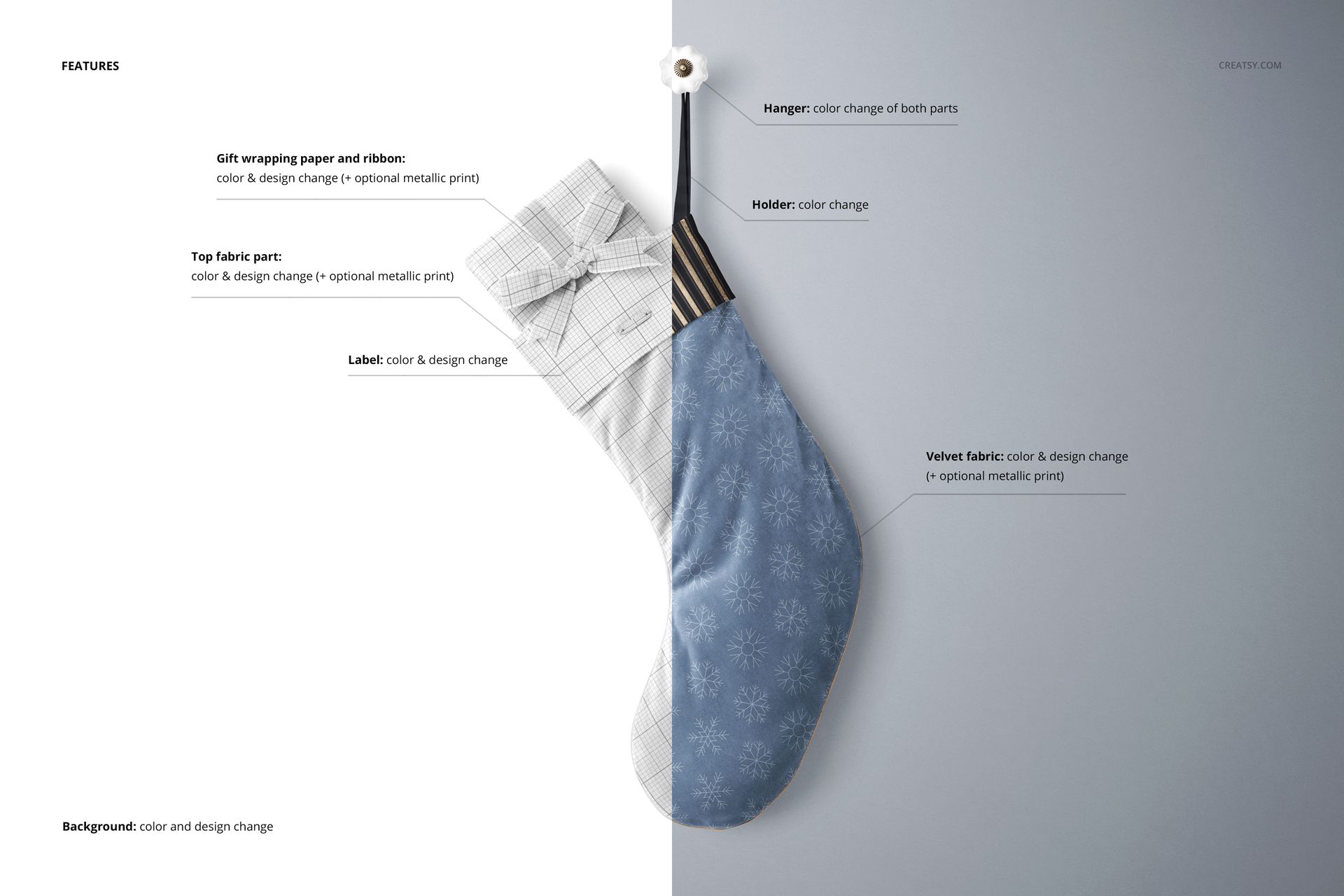 Front view of a velvet Christmas stocking mockup, half in blue with snowflake pattern and half in gray plaid, hanging on a wall.