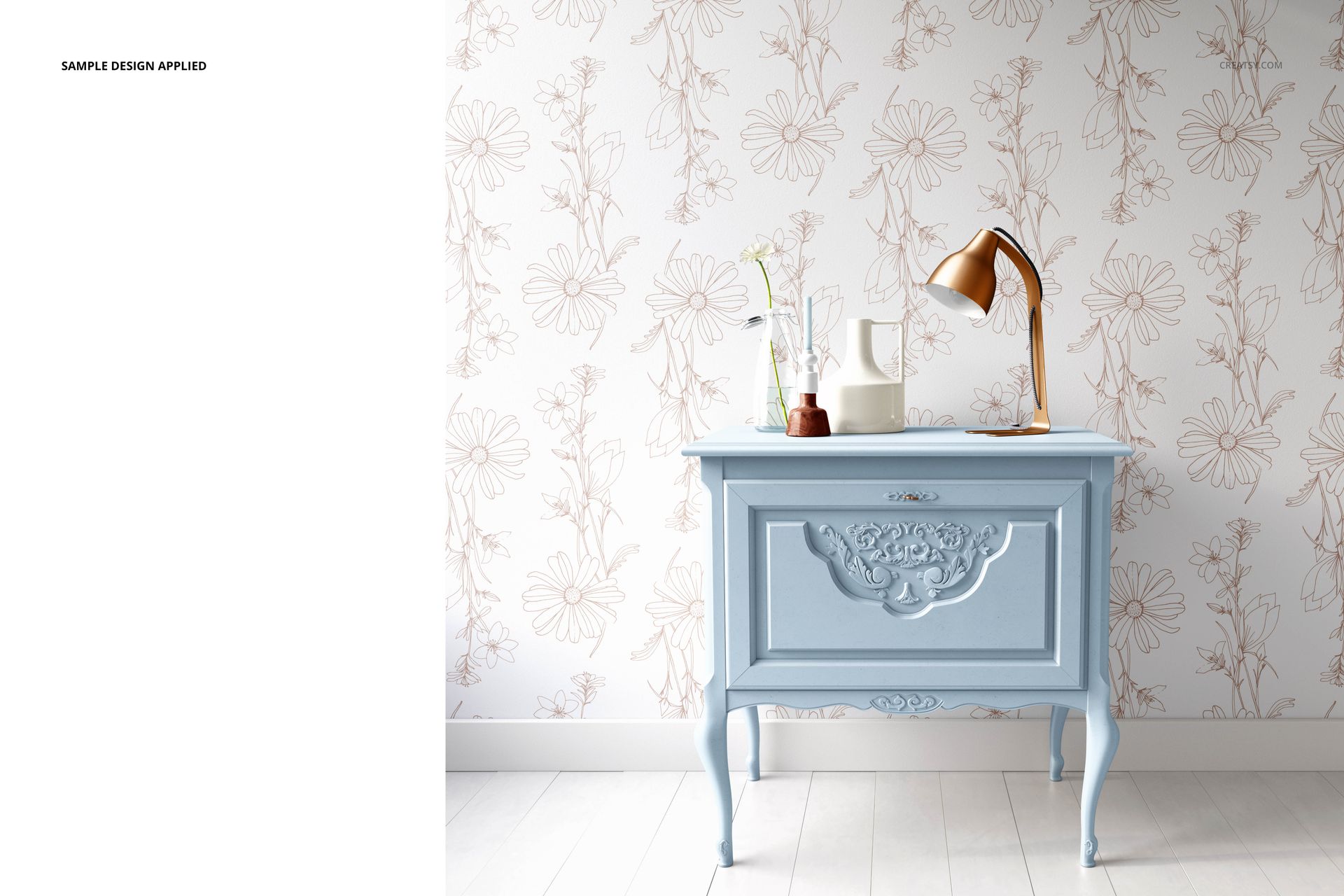 Interior scene mockup featuring a pastel blue cabinet, floral wallpaper, and tabletop decor in a bright room.