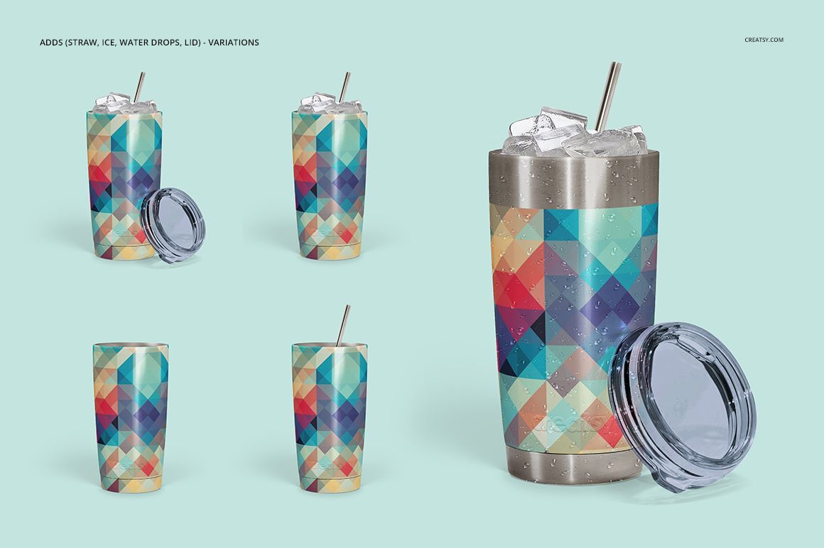 Powder coated tumbler with geometric multicolor pattern, shown with removable lid, straw, ice cubes, and water drops.