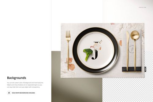 Top view of a placemat mockup featuring a plate with a floral design, gold cutlery, napkin, and broccoli garnish.