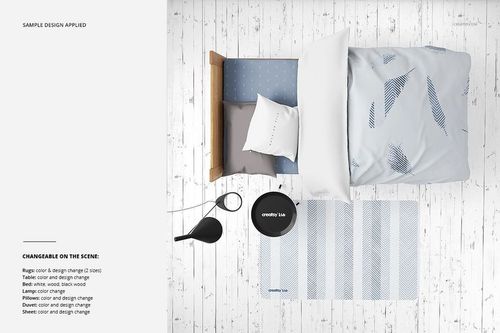 Kids bedroom scene featuring a round corners rug mockup, patterned bedding, pillows, and minimal accessories.