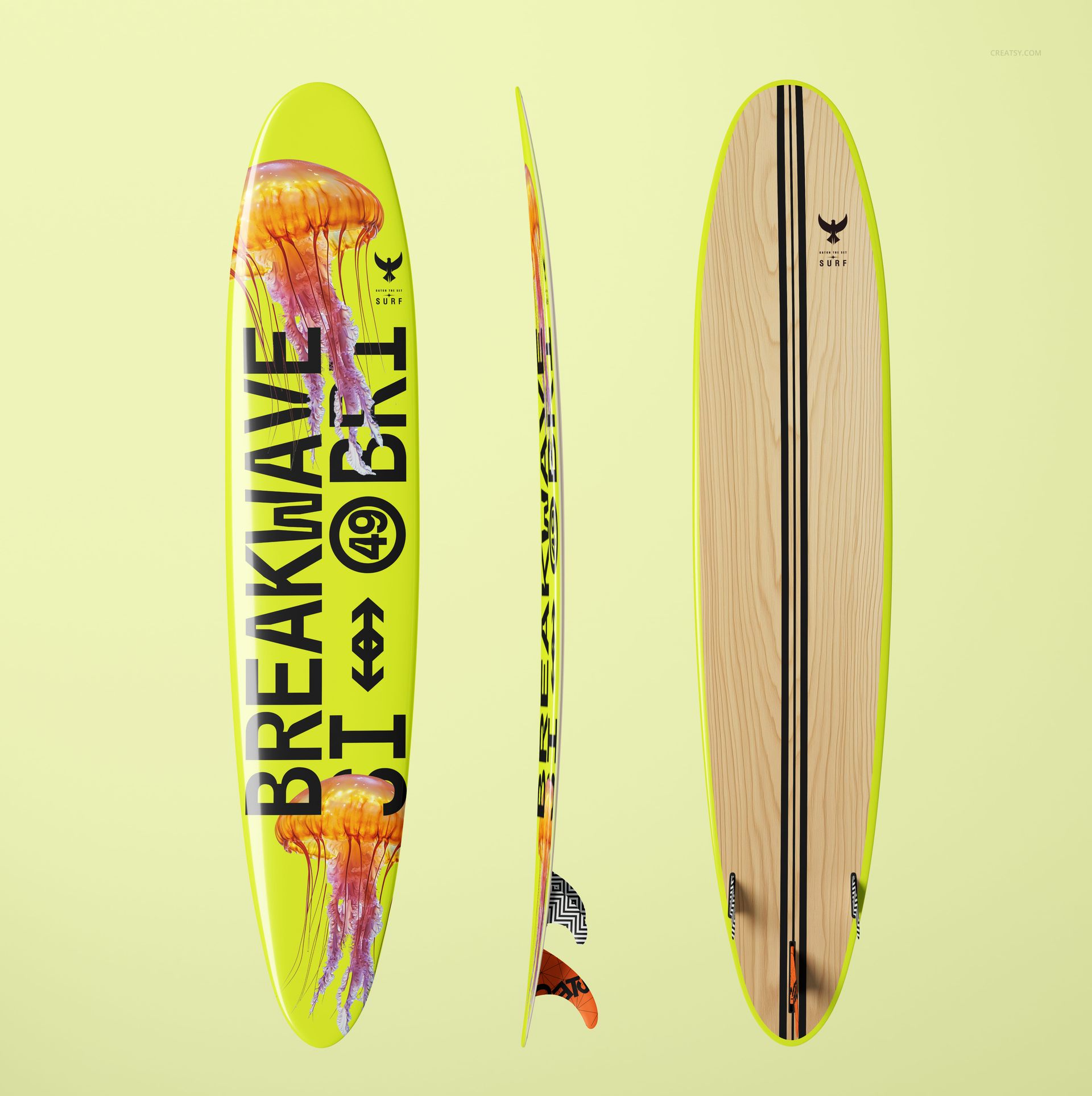 Surfboard longboard mockup set with vibrant yellow and natural wood tones, shown from front, side, and back views.