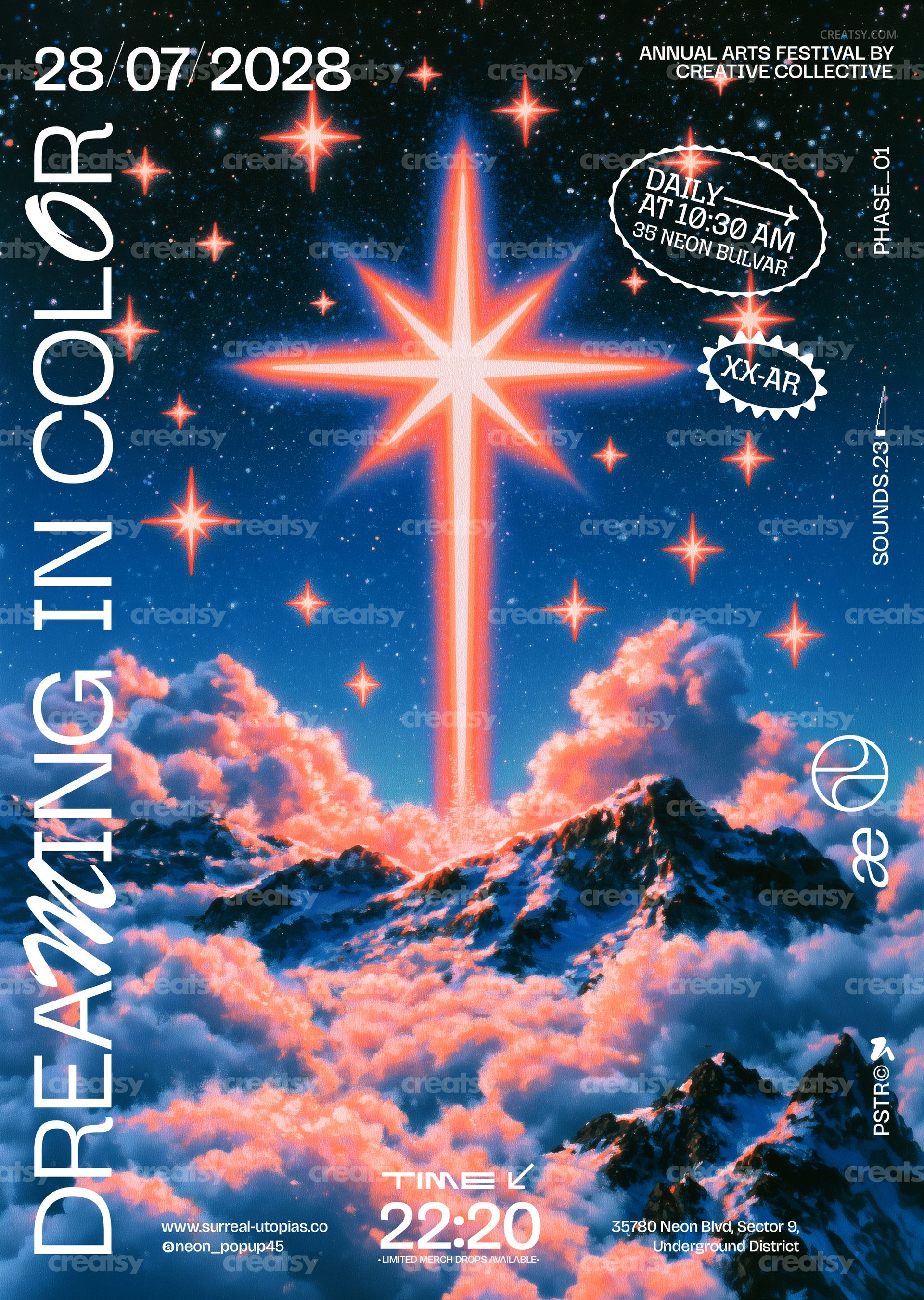 Colorful poster mockup with a radiant starburst at the center, surrounded by clouds and cosmic elements in blue and pink.