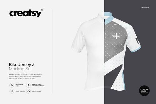 Front view of a short-sleeve bike jersey mockup with geometric gray and white patterns on a plain background.