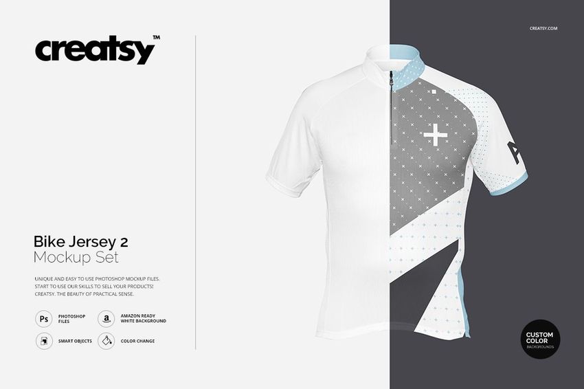 Front view of a short-sleeve bike jersey mockup with geometric gray and white patterns on a plain background.