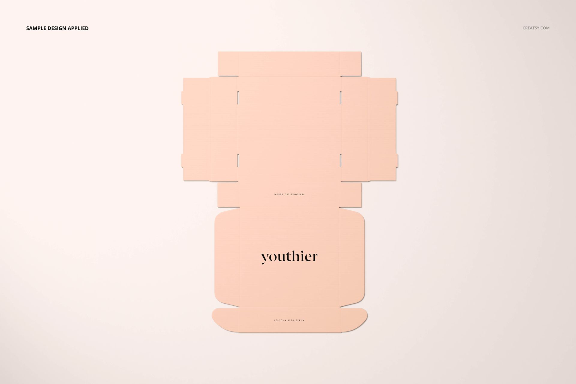 Flat lay view of a peach-colored cosmetic mailing box mockup with minimalist text design on a light background.