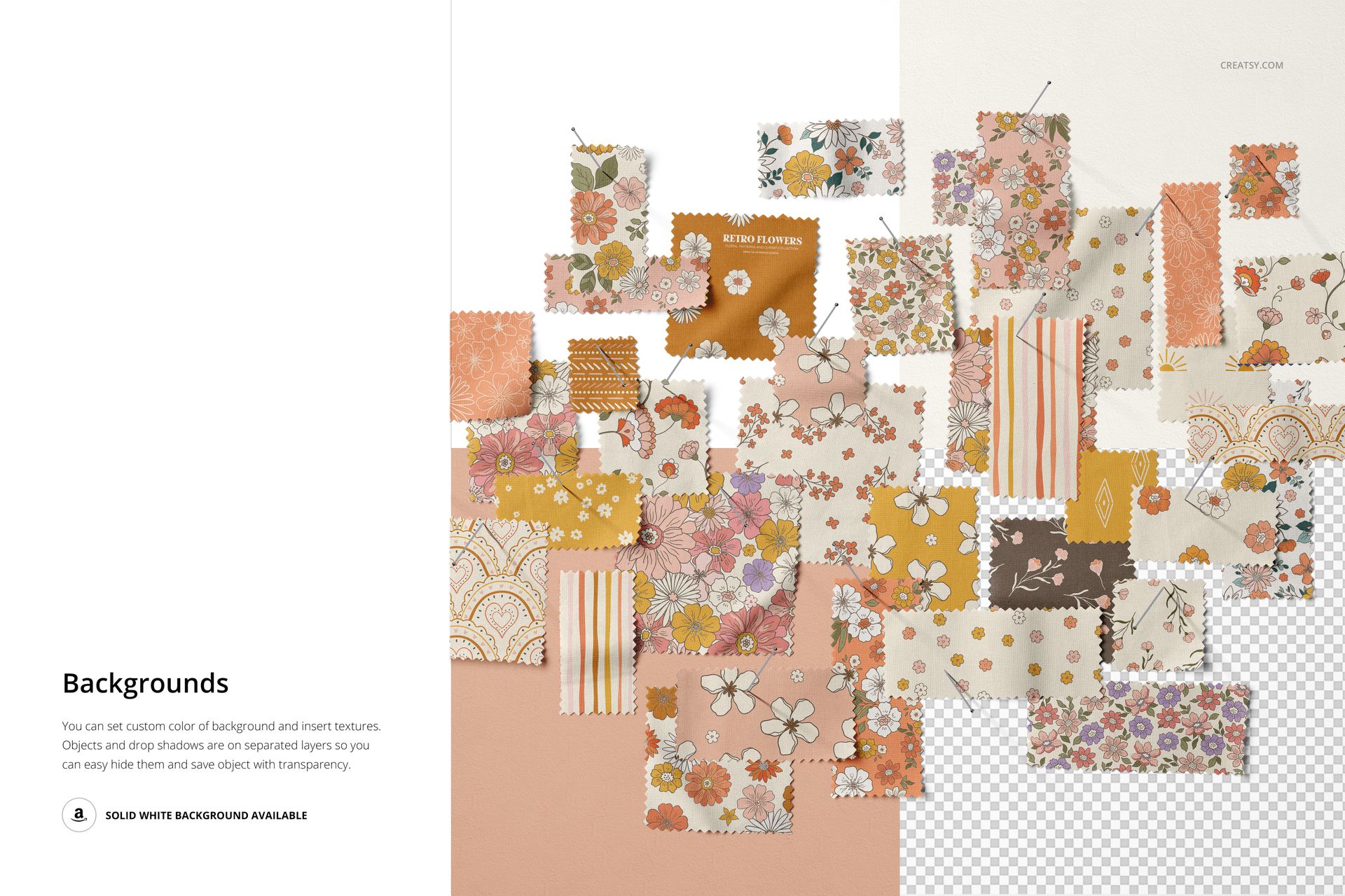 Fabric swatches mockup showing a mix of patterned textiles in earthy and pastel hues, organized in an overlapping layout.