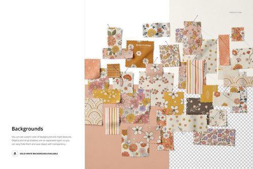Fabric swatches mockup showing a mix of patterned textiles in earthy and pastel hues, organized in an overlapping layout.
