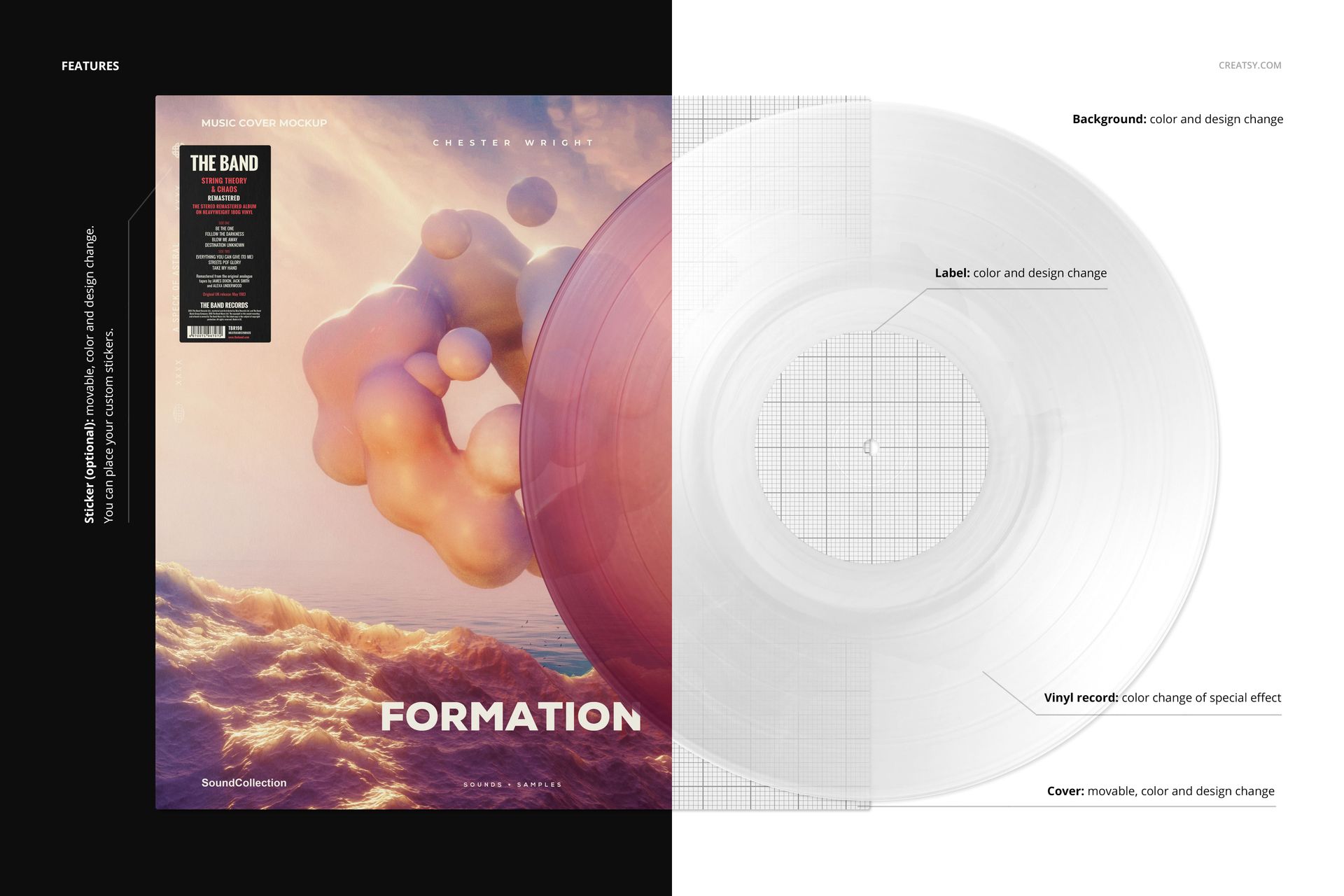 Front view of a vinyl record and cover mockup, featuring a colorful abstract design and clear record on a split background.
